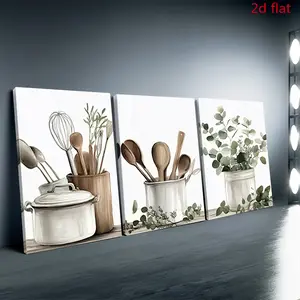 Framed 2D flat paintings, wooden frames, set of 3 canvas wall art, ready to hang, abstract kitchen utensil canvas prints, suitable for bedroom, bathroom, hallway, office, and home decor (wall decoration)