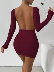 Alluriteeee Reddish Brown Color Long Sleeve Sexy Backless Mini Dress,Streetwear,Holiday Carnival Party Dress,Women Birthday Outfits,Romantic Dte Dess,Dinner Dress,Autumn And Winter Dress,Vitamin Colors,Party Must Have