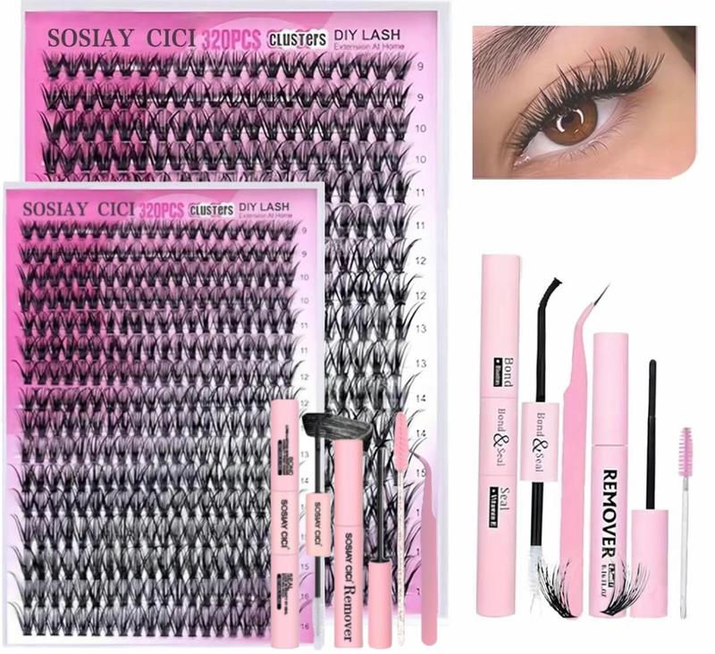 DlY Eyelash Extension Kit Summer Style,320 Pcs D Curl Clusters Individual FalseEyelashes, Mixed 9-1ómm, with LashBond & Seal, Eyelash Tweezers, EyelashRemover, Eye Makeup EnhancementProducts,Dly Lash Extensions at Home,Mother's Day Gift