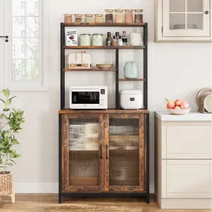 5 Tier Bakers Rack with Cabinet and Microwave Stand 63.78 Inch, Standing Bakers Rack with Door, Tall Coffee Bar, Brown Home Bar Cabinet with Hooks, Large Baker Rack Coffee Bar Station for Kitchen