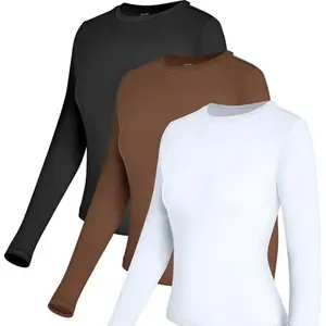 3 Piece Long Sleeve Tops Crew Neck Stretch Fitted Underscrubs Layer Tee Shirts 2025 Casual Outfits Slim-Fitting Soft Fabric Everyday Womens Loungewear Streetwear Minimalist Basic Plain Thermal Womenswear