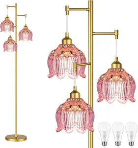 Glass Floor Lamp for Living Room,Bedroom,Gold Flower Mid Century Modern Standing Lamp Brass Tree 3 Light Tall Floor Lamps Vintage Floor Lights Pink Lamp Shade Farmhouse Boho Bohemian