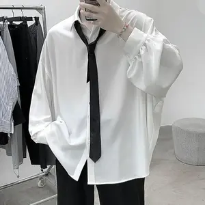 Men’s Korean-Style Long-Sleeve Shirt — Black, Solid Color, Oversized Fit, Breathable, Comfortable Casual Loose Blouse with a Necktie Detail, Harajuku Style