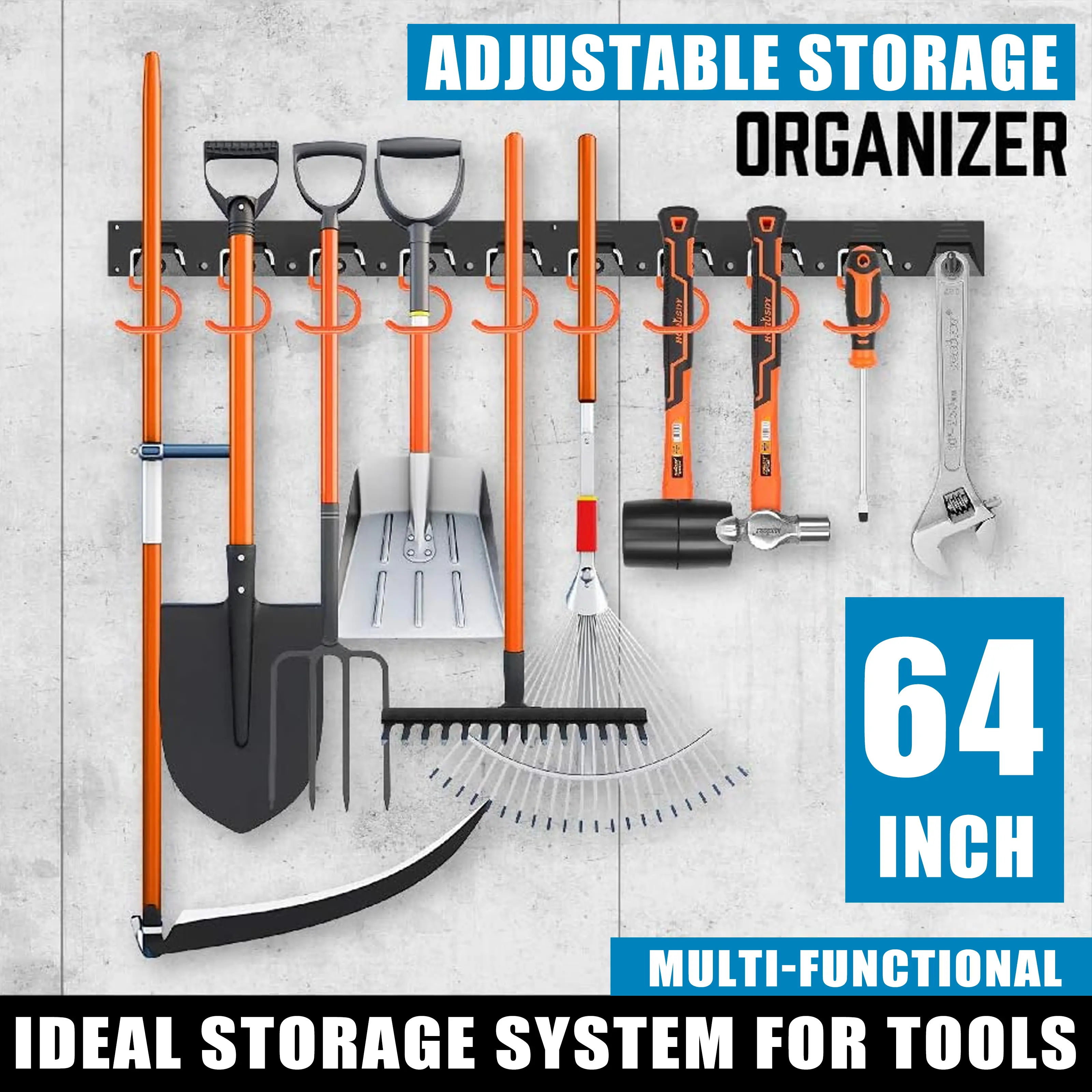 64 Inch Adjustable Storage System Wall Mounted Hooks Tool Organizer for Garden Tools Black and Orange 64 Inch Adjustable Storage System Wall Mounted Hooks Tool Organizer for Garden Tools Black and Orange
