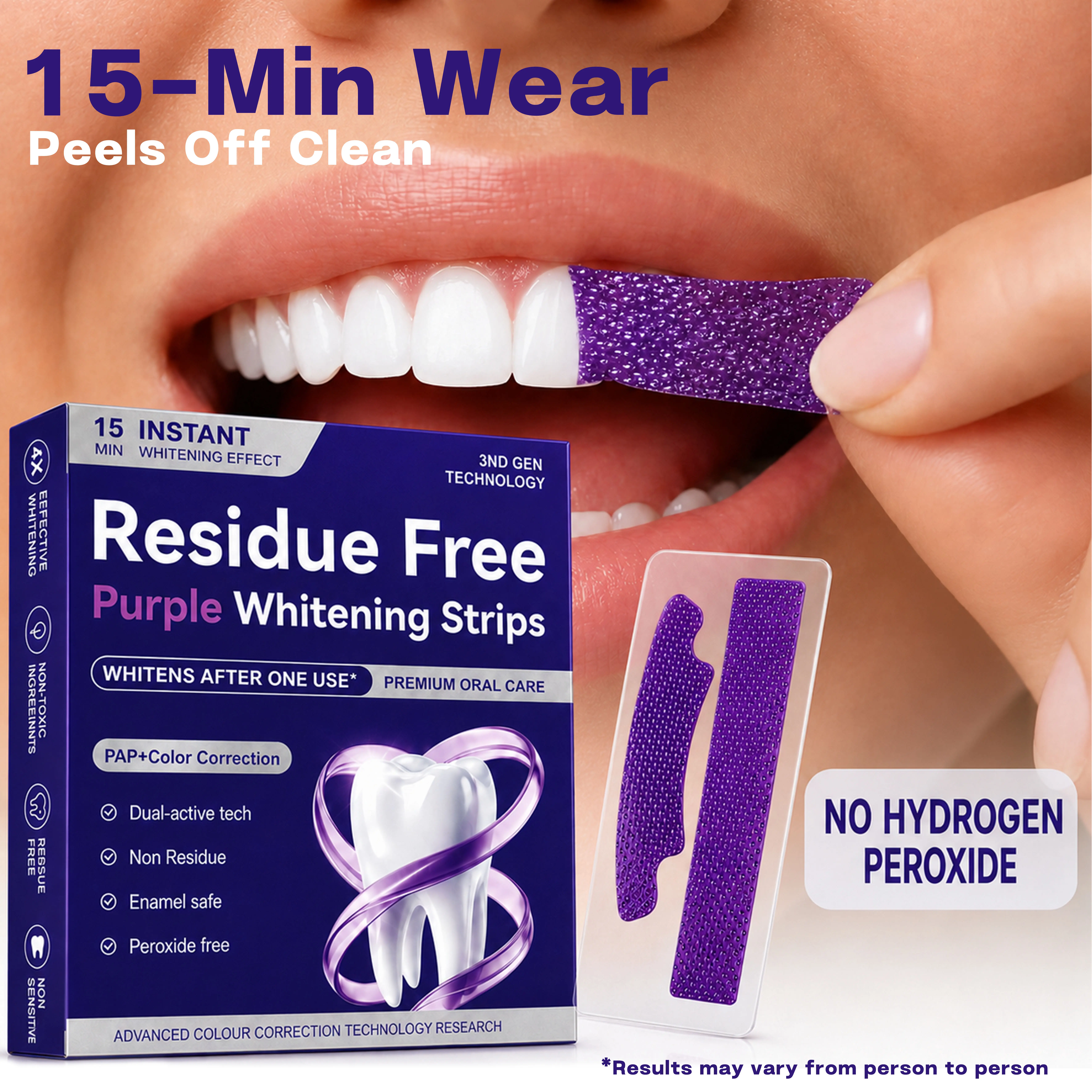 Purple Teeth Whitening Strips, PAP+ Color Correcting, Peroxide-Free & Enamel-Safe, Residue-Free 15-Min Teeth Whitening Routine, Easy At-Home & Travel Oral Care