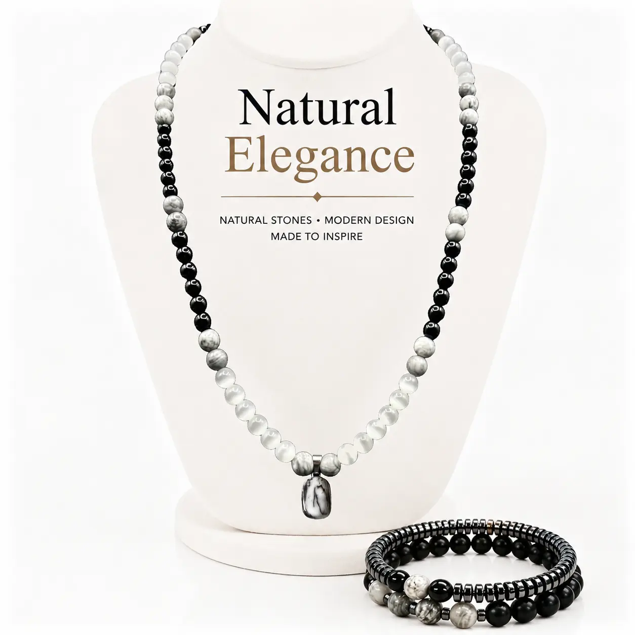 LUMINAVA Elegant Magnetic Balance-Inspired Gemstone Pendant Jewelry Set - Cat's Eye Style Necklace with Obsidian, Map Stone, and Beaded Bracelet, Elegant Jewelry Set, Gemstone Pendant Jewelry Sets