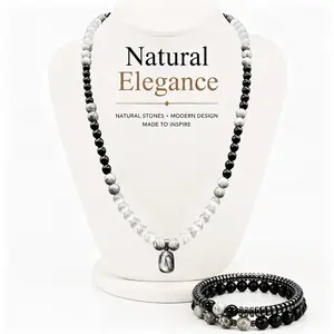 LUMINAVA Magnetic Balance-Inspired Jewelry Set, Cat's Eye Style Necklace with Obsidian, Map Stone and Beaded Bracelet