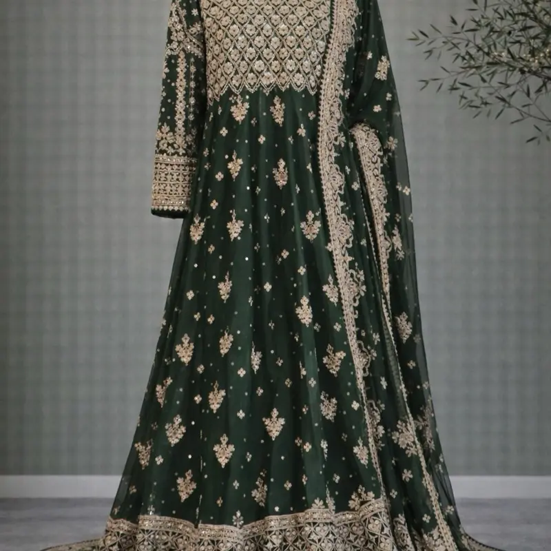 green bridal mehndi dress Bridal Mehndi Dress With Mixed Embroidered Work all over – BridalLehenga main image 0