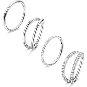FLORIDECO 3-4PCS Surgical Steel 18G Nose Rings Hoops Earrings CZ Clicker Hinged Segment 8mm 10mm for Women Men Hypoallergenic Tragus Septum Piercing Jewelry