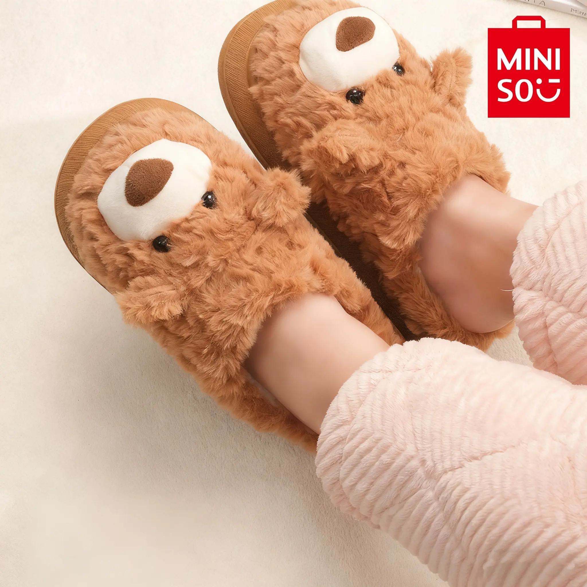 MINISO Gifford Bear Series 3D Fluffy Less Than Ankle Women's Casual Slippers - Brown, US Women's Size 7.5-8.5, Soft Plush, Warm Non-Slip Indoor Footwear, Cute Bear Design, Black Friday, Warmth Boost, Slip-On, Ideal Holiday Gift for Cozy Home Lovers, Plain