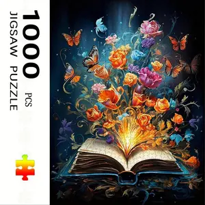 1000 Piece Flower and Butterfly Book Theme Puzzle, Jigsaw Puzzle, Large Adult Family Interactive Toy, DIY Home Decor Brain Challenge, Holiday Scene, Mixed Colors