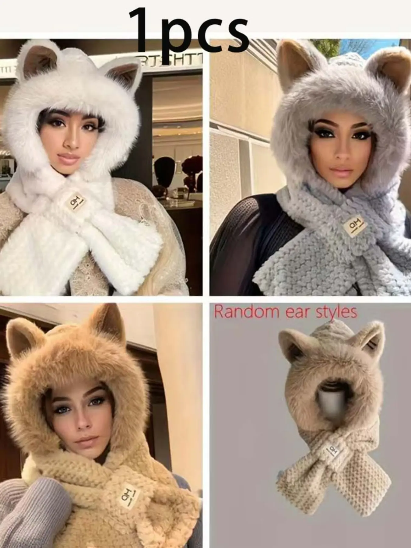 Women's Winter Plush Hooded Scarf with Cartoon Ears, Warm Windproof Hat Bonnet Hood, Perfect Gift for Mother's Day, Father's Day, Christmas