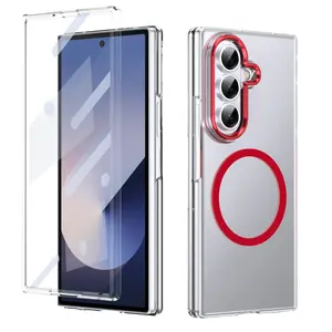 High quality transparent phone case suitable for Samsung Galaxy Z Fold 7/6/5/4/3 with tempered glass film, supports wireless charging, integrated case film, scratch resistant, anti drop folding phone case