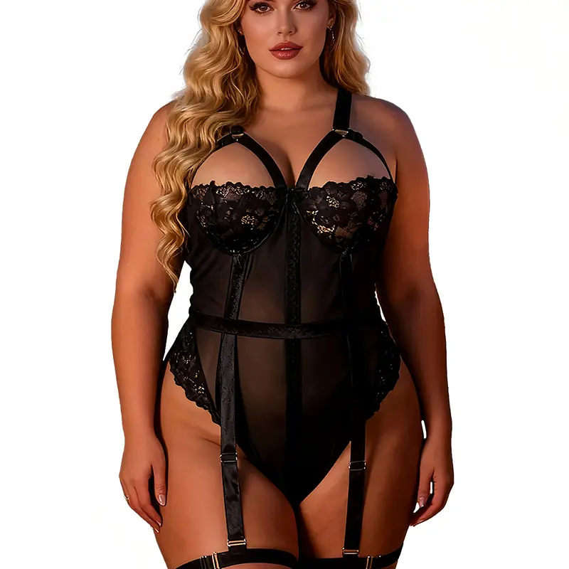 Women Sexy Lingerie Garter Plus Size Teddy Bodysuit Floral Snap Jumpsuit Crotch Chemise Nightie Sleeveless Boudoir Lace Babydoll Mesh Elegant Lace Nightgown Summer Womenswear Belt Bridal Elastic Floral Pants Piece Lingerie Sets XS-4XL