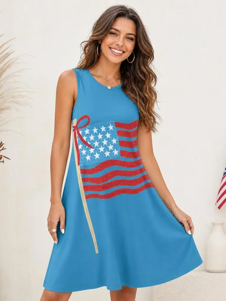 Women's Sleeveless Crew Neck A-Line Vintage US Flag Graphic Tank Dress - Bright Sky Blue, Cute Bow Front Print, Loose Flowy Swing Silhouette, Patriotic Y2K Coquette TikTok Viral Daily Pull-On Summer Holiday Fashion Dress