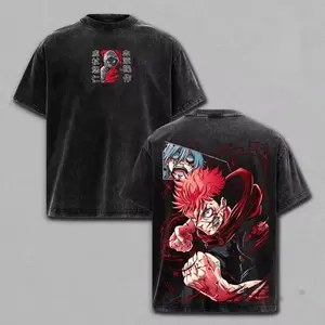 Vintage Jujutsu Kaisen Yuji Itadori vs Mahito Blood Manipulation Printed Men's T-shirt, Black Washed Loose Crew Neck Short Sleeve Pure Cotton Top, Trendy Street Style Daily Casual Outfit for Anime Fans, Ideal Gift for Anime Enthusiasts