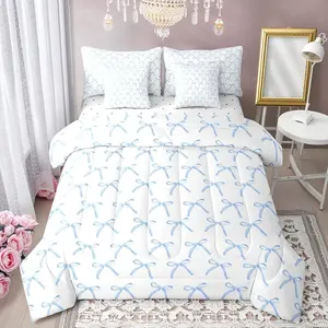 7 Pieces Cartoon Bowknot Kids Comforter,Bow Tie Knot Geometric Patchwork Fashion Bedding Set,Hand-Painted Sketch Blue Noble（Comforter+Fitted+Flat+2 Pillowcases+2 Throw Pillow Covers）