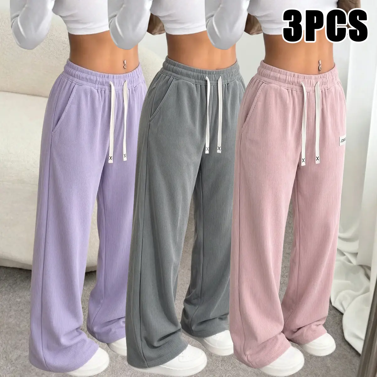 Women’s solid-color corduroy pants, 3-pack, straight-leg design, elastic waistband with pockets, casual and comfortable, suitable for everyday wear; sports and fitness, women’s bottoms, women’s long pants, womenswear