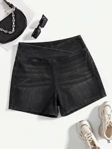 Plus Size Cross-Waist Denim Shorts Casual High-Waisted Slim Fit Hot Shorts, Soft Comfortable Fabric, Y2K Clothes Summer Daily Wear, Trendy Stylish Bottoms, Comfortable Flexible Fit Casual Ensembles, Stylish Washed Detail Party Casual Wear