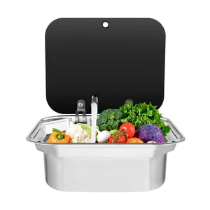 CNCEST 15.35*12.6in Embedded Kitchen Sink Stainless Steel Hand Wash Basin for RV with Cover and Flexible Faucet