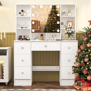 Modern Vanity Table Set with LED Lighted Hollywood Mirror 7 Drawers XXL Large Dressing Table Wooden Makeup Desk w/ Shelves Bedroom Furniture