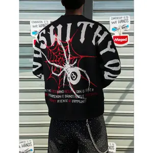 Unisex Abstract Dark Cross & Spider Web Pattern Distressed Loose Fit Casual Pullover Knit Sweater, Suitable for Spring, Autumn & Winter, Grunge Style