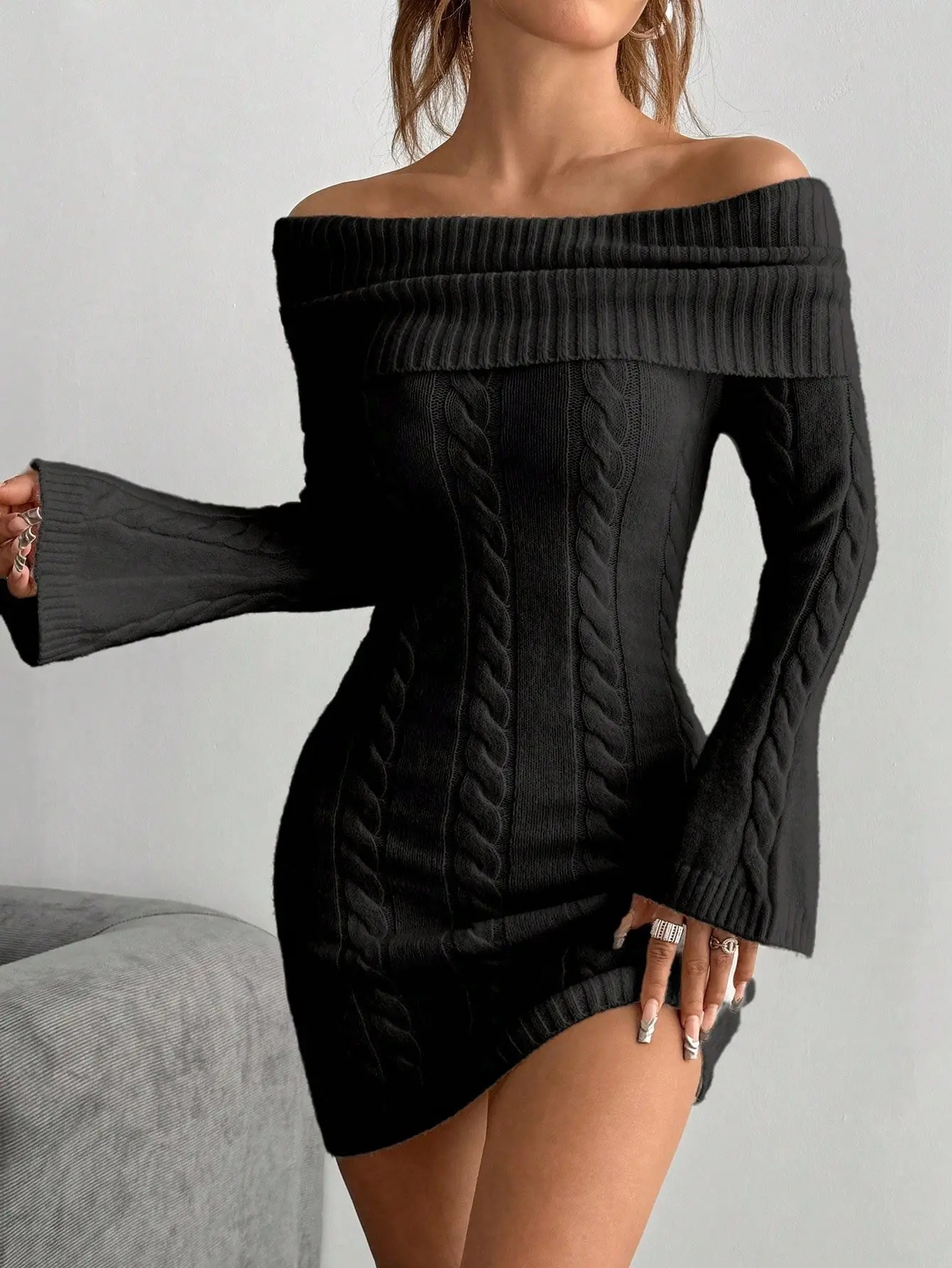 LALUZ Women's Off-The-Shoulder Long-Sleeved Cable-Knit Slim-Fit Sweater Dress Y2K Style Bodycon Mini Knit Dress Sexy Going Out Clubwear
