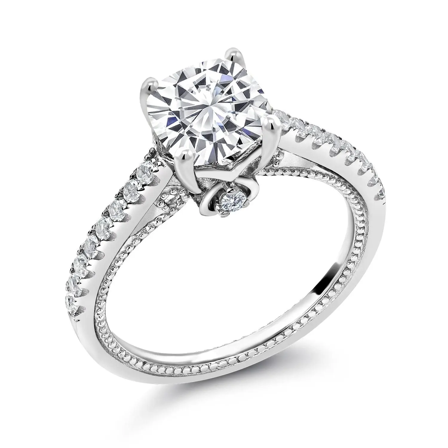 2.00 Cttw White Moissanite and Created Sapphire Engagement Ring For Women | 925 Sterling Silver | Cushion 7MM | Fine Jewelry Gift for Her Mom Women Wife