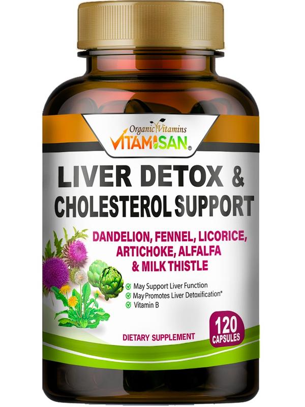 Vitamisan Liver Detox & Cholesterol Support 120 Capsules with Dandelion Fennel Licorice Artichoke Alfalfa Milk Thistle for Optimal Health