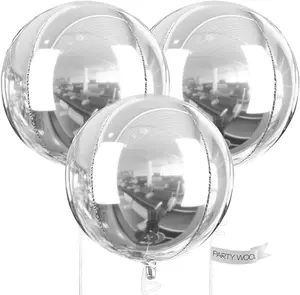 PartyWoo Silver Foil Balloons, 3 pcs 50 Inch Round Giant 4D and Ribbon, Large Mylar for Birthday Decorations, Wedding Party