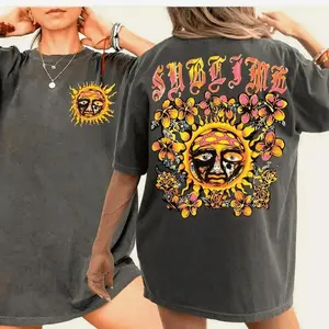 Vintage Sublime Band Graphic T-Shirt, 2-Sided Sun Face Tee, Retro 90s Grunge Streetwear, Boho Acid Wash Top, Casual Festival Apparel