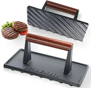 BellEMain Bacon Press Rectangle with Handle Heavy-Duty Cast Iron Grill Press for Perfectly Seared Bacon Steak Sandwiches Equalized Weight Distribution Kitchen Utensils