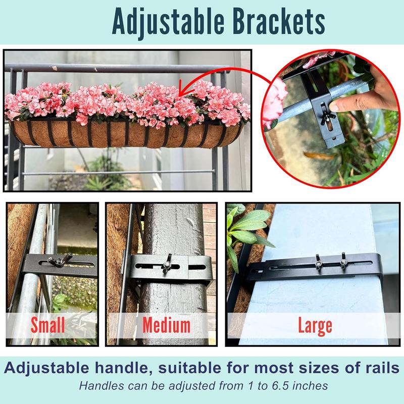 LaLaGreen Railing Planter Box (24 Inch, 2 Pack) Black Metal Rectangular Hanging Planters with Coco Liner, Flower Boxes Brackets for Deck Railings Outdoor Plants Over Rail Fence Balcony Patio Porch