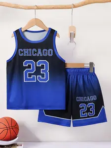 New Gradient Color Kids Tank Top and Shorts Set, Sports Clothing Set, Summer Court Style, Youthful Basketball, Casual Fitted Suit