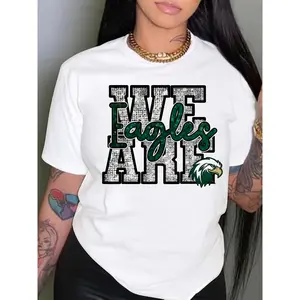 Women's Eagle & Letter Print Casual T-Shirt - Soft Polyester, Crew Neck, Short Sleeve, Breathable Summer Top with "WE ARE EAGLES" Design, White