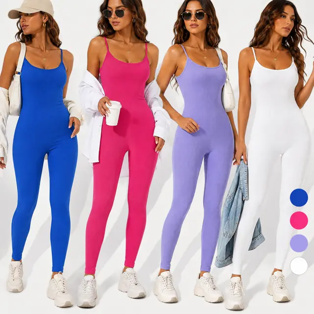 9309#Women’s 4-Pack Ribbed Spaghetti Strap Sports Jumpsuits - Stretchy Fabric, Adjustable Straps, Scoop Neck Bodysuits, Mixed Colors, Everyday Wear, 9309#