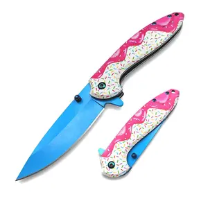 Pocket camping EDC knife, pink pocket donut knife (designed specifically for women), everyday carry knife, stainless steel blade with non-slip handle and pocket clip (blue)