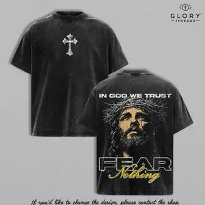 In God We Trust Vintage Washed Oversized T-Shirt, Christian Jesus Graphic Tee, Faith Based Religious Shirt, Cross Print Streetwear, Heavyweight Cotton Unisex Christian Gift U7B