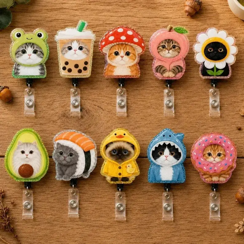 Cute Cat Acrylic Retractable Badge Reel for Nurses - Funny Kitten ID Badge Holder with Alligator Clip, Kawaii Name Tag Reel Gift for Teachers, Vet Tech, Medical Workers, Office Staff