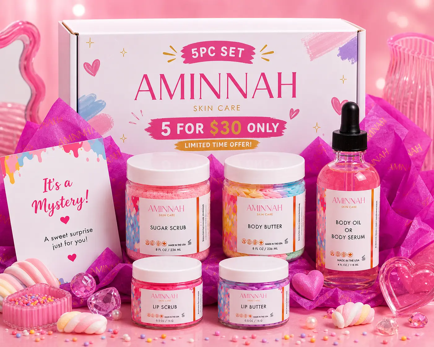 5 pcs Mystery Best-Selling Items Including Sugar Scrubs, Body Butters, Oils, Lip Glosses & Foaming Soap - Perfect for Self-Care & Gift Giving