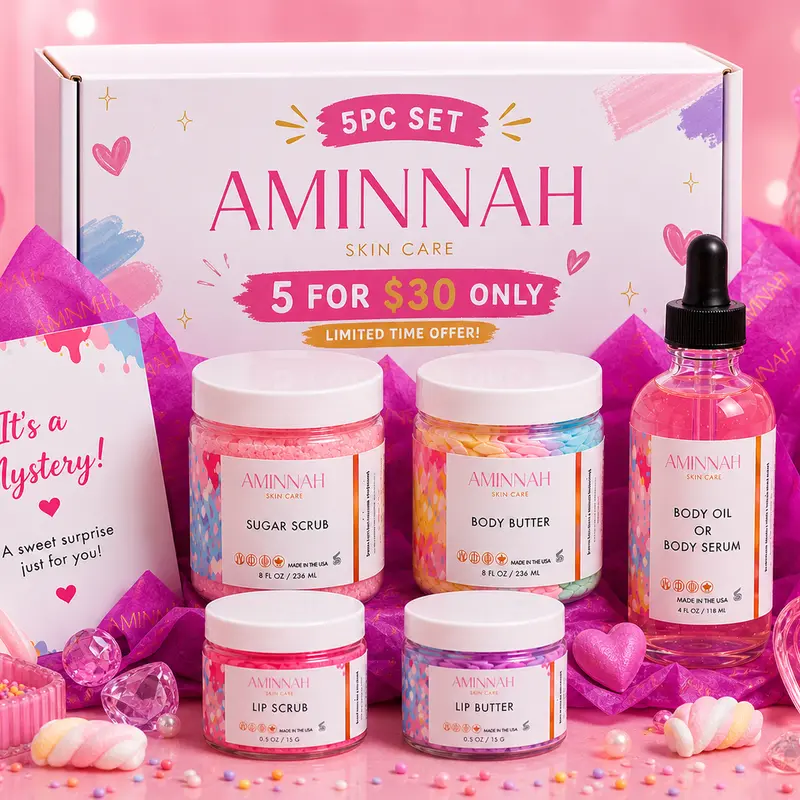 5 pcs Mystery Best-Selling Items Including Sugar Scrubs, Body Butters, Oils, Lip Glosses & Foaming Soap - Perfect for Self-Care & Gift Giving