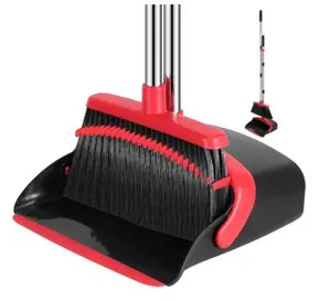 52-in Long Adjustable Handle Cleaning Broom and Dustpan Set with Dustpan Teeth for Automatic Hair Removal Black Red Modern Design for Home Kitchen Office Hall Floor Cleaning - Rubber Sweep Brush