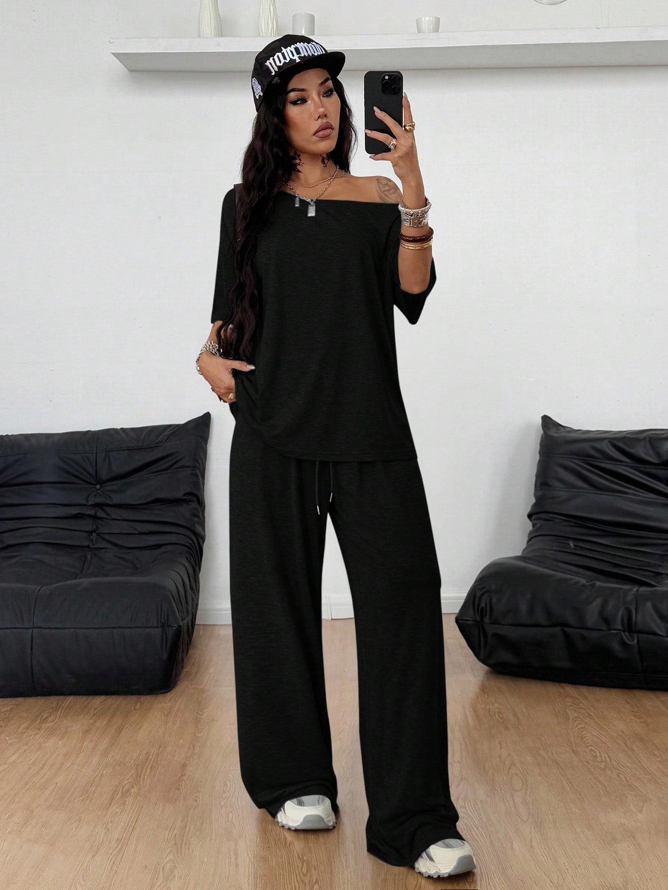 Women's Casual Solid Color Sport Two-Piece Set, Loose Long Pants & Wide Leg Slant Neck Pant Suit, Spring & Fall Fashion