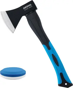 Camping Axe, 15”Chopping Hatchet with Sharpening Stone, Forged Carbon Steel Heat Treated Hand Maul Tool, Fiberglass Shock Reduction Handle with Anti-Slip Grip