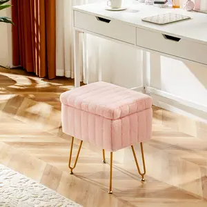 Chic Storage Vanity Stool - Soft Faux Fur Makeup Ottoman with Adjustable Feet, Sturdy Metal Base & Anti-Slip Pads | Stylish Boudoir Seat (Blush Pink/Cloud White/Stone Gray)