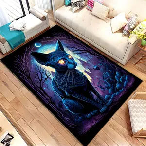 Mystical glowing cat with moonlit forest. Boho Printed pattern home carpet, suitable for living room, bedroom, kitchen mat, home decoration, carpet, and suitable as a holiday gift for family and fr
