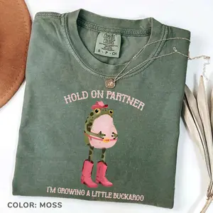 Comfort Colors Hold On Partner I'm Growing A Little Buckaroo TShirt, Cowboy Baby, Retro Cowboy Frog T-Shirt, Cowgirl Pregnancy, Baby Cowboy Tee, Funny Frog Tee