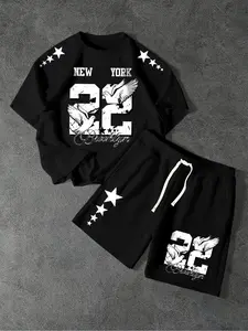 Men's New York Brooklyn Streetwear Short Sleeve Shorts Set, Seamless Fit for Daily, Basketball, Casual Strolls, Home Relaxation