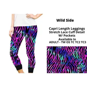 Women's Soft Fabric Zebra Print Leggings - Lady's Statement Wild Side Blue Animal-Print Capris with Black Lace Bottoms