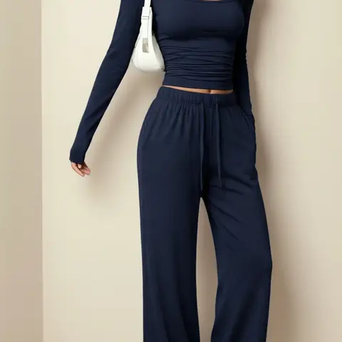 Women's 2-Piece Slimming Casual Set - Square Neck Long Sleeve Cropped Basic Top, Slightly Wide Pants, Thick Skin-Friendly High-Stretch Knit Fabric, Ruched Slim Fit Chic Design, Versatile for Everyday Wear & Commuting